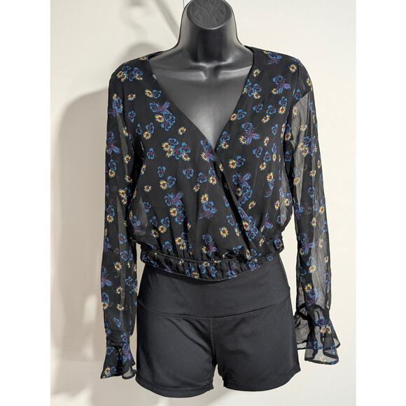 Xhilaration Sheer Floral Top Surplice Wrap Cropped Ruffled Blouse Small - Picture 1 of 6